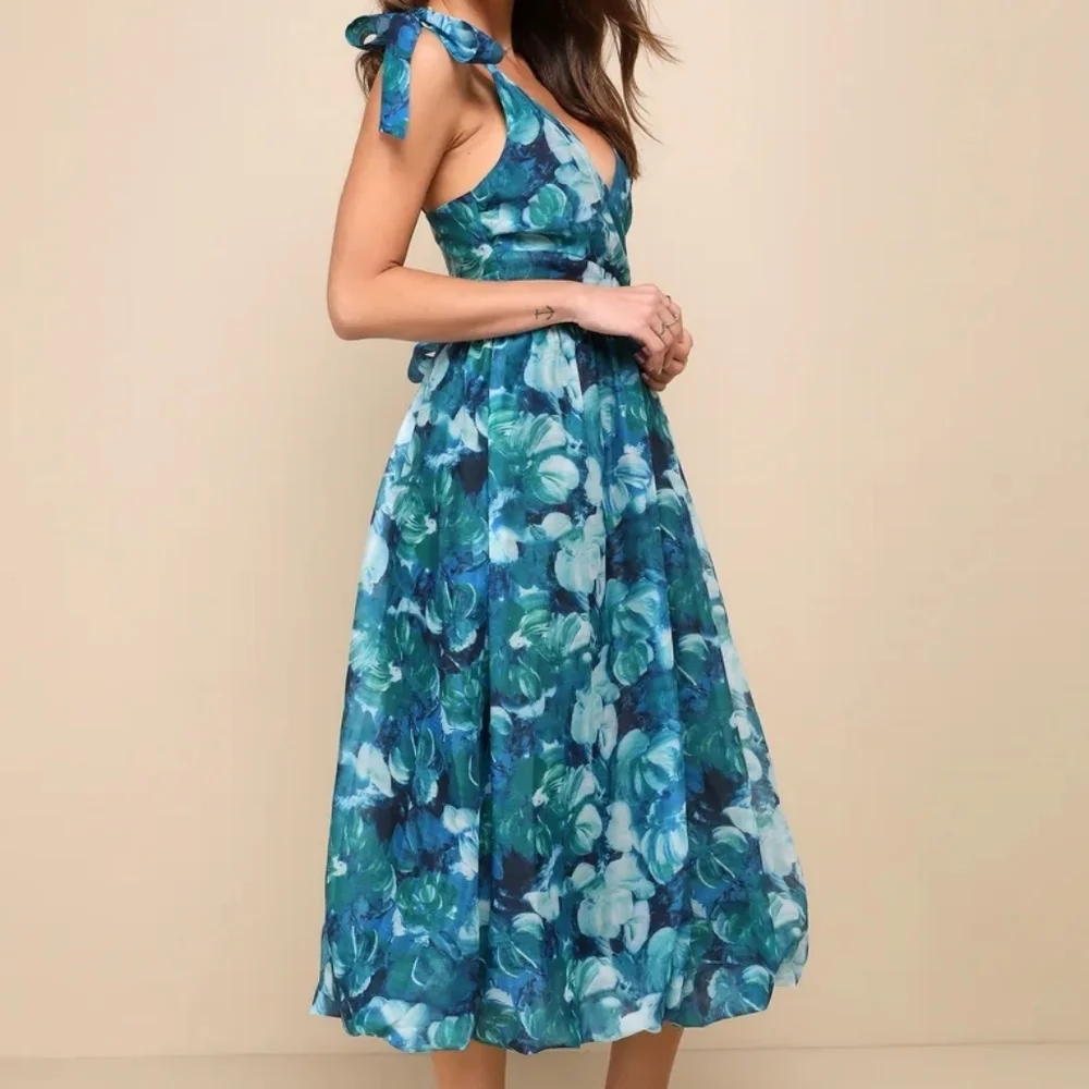 NWT Lulus Flowering Day Dream Teal Blue Floral Organza Midi Dress – Size S - Picture 15 of 15